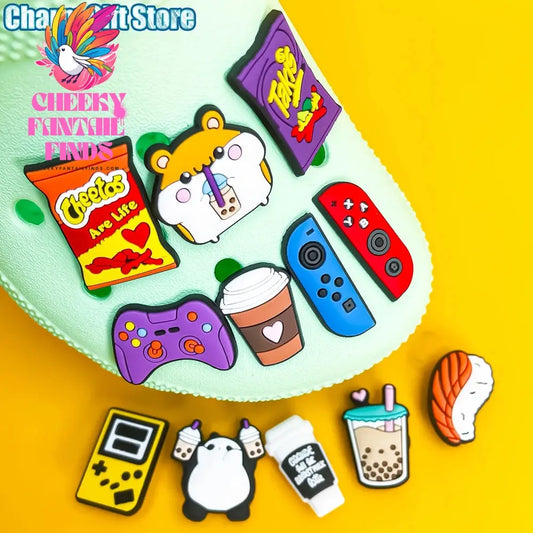 1pcs Gamepad Snacks Shoe Charms Takis Chettos Shoe Accessories Coffee Boba Tea Clog Pins Game Controller Shoe Decorations Cheeky Fantail Finds