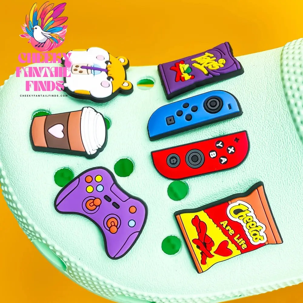1pcs Gamepad Snacks Shoe Charms Takis Chettos Shoe Accessories Coffee Boba Tea Clog Pins Game Controller Shoe Decorations Cheeky Fantail Finds
