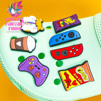 1pcs Gamepad Snacks Shoe Charms Takis Chettos Shoe Accessories Coffee Boba Tea Clog Pins Game Controller Shoe Decorations Cheeky Fantail Finds