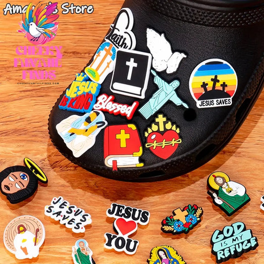 1pcs PVC Religious Jesus Clog Shoe Charms Holy Bible Shoe Decorations Pins for Woman Men Party Favor Gifts DIY Clips Accessories Cheeky Fantail Finds