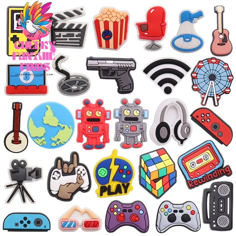 1pcs PVC Shoe Charms Game Console Popcorn Movie Speaker Gun Wifi Ferris Wheel Earth Hole Slipper Decoration Bands Bracelets Cheeky Fantail Finds
