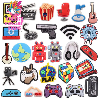 1pcs PVC Shoe Charms Game Console Popcorn Movie Speaker Gun Wifi Ferris Wheel Earth Hole Slipper Decoration Bands Bracelets Cheeky Fantail Finds