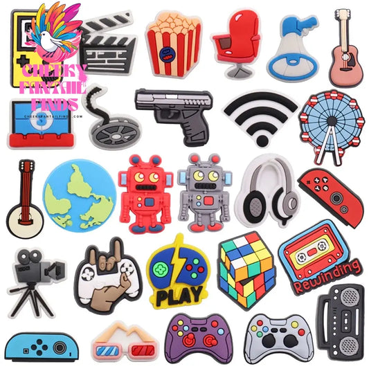 1pcs PVC Shoe Charms Game Console Popcorn Movie Speaker Gun Wifi Ferris Wheel Earth Hole Slipper Decoration Bands Bracelets Cheeky Fantail Finds