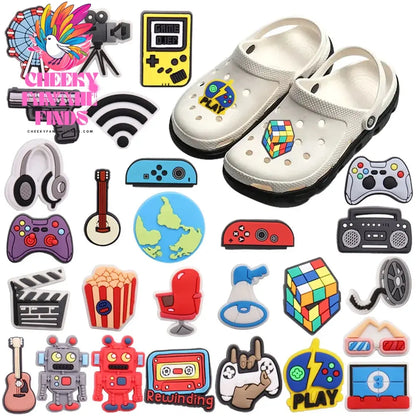 1pcs PVC Shoe Charms Game Console Popcorn Movie Speaker Gun Wifi Ferris Wheel Earth Hole Slipper Decoration Bands Bracelets Cheeky Fantail Finds