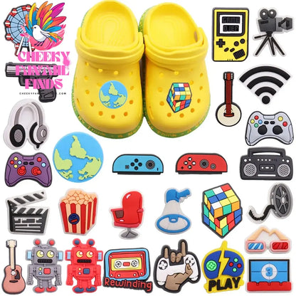 1pcs PVC Shoe Charms Game Console Popcorn Movie Speaker Gun Wifi Ferris Wheel Earth Hole Slipper Decoration Bands Bracelets Cheeky Fantail Finds