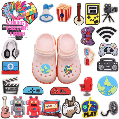 1pcs PVC Shoe Charms Game Console Popcorn Movie Speaker Gun Wifi Ferris Wheel Earth Hole Slipper Decoration Bands Bracelets Cheeky Fantail Finds