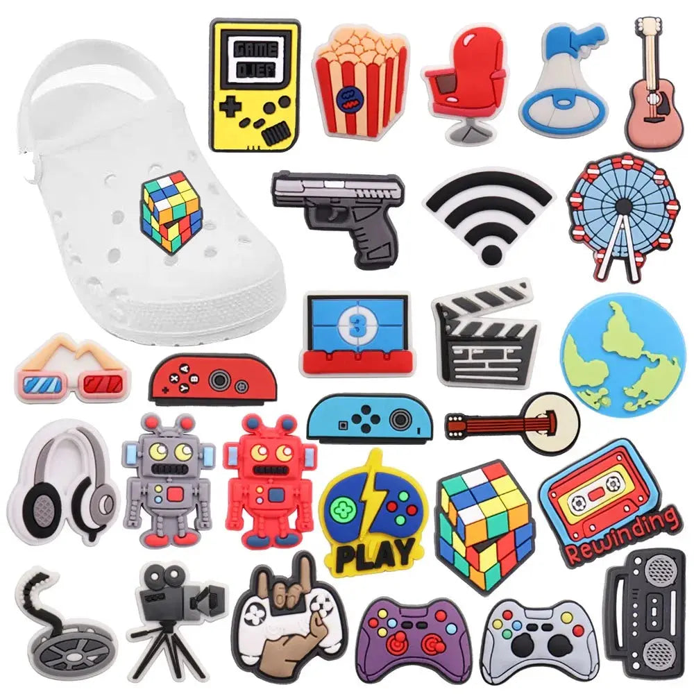 1pcs PVC Shoe Charms Game Console Popcorn Movie Speaker Gun Wifi Ferris Wheel Earth Hole Slipper Decoration Bands Bracelets Cheeky Fantail Finds