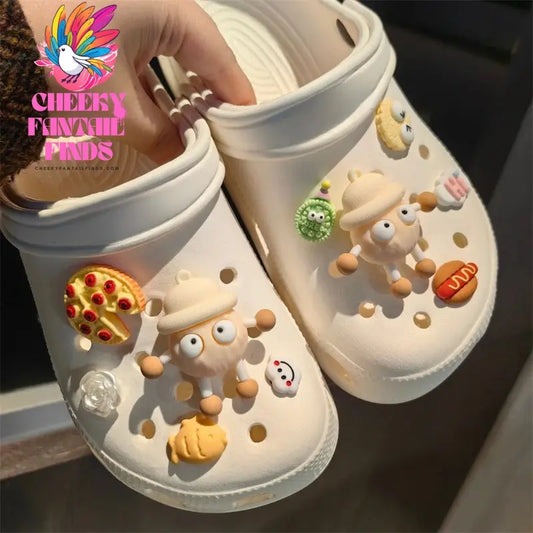 2024 New Black And white Contrasting Coal Ball Elf Hole Shoe Flower Set Bread Coffee Shoe Buckle Slippers Detachable Accessories Cheeky Fantail Finds