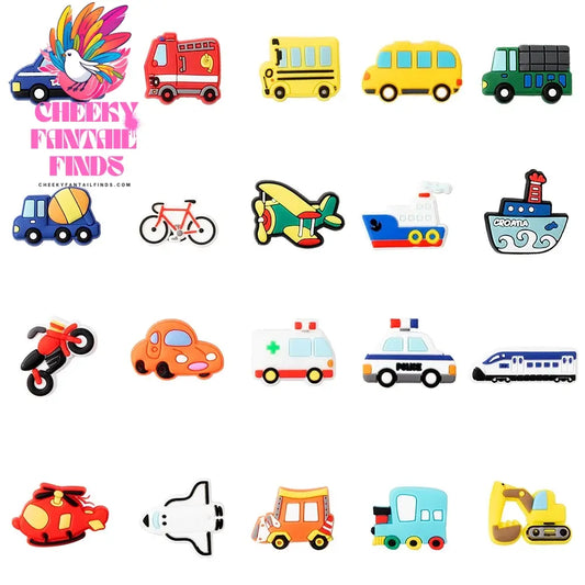 20Pcs Transport Shoe Chains Set Cartoon Rubber Accessories Motorcycles Bicycle Fire Truck Bus Decor for Clogs Bracelet Wristband - Cheeky Fantail Finds