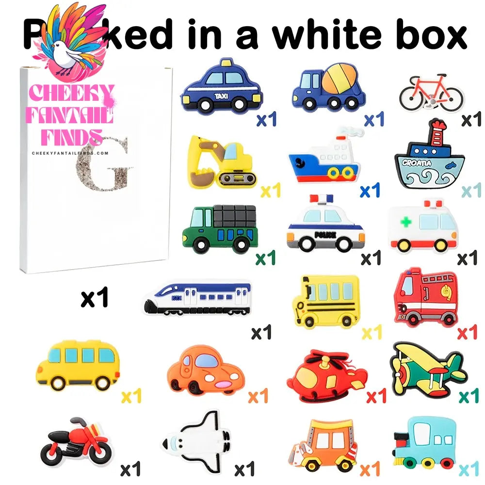 20Pcs Transport Shoe Chains Set Cartoon Rubber Accessories Motorcycles Bicycle Fire Truck Bus Decor for Clogs Bracelet Wristband - Cheeky Fantail Finds