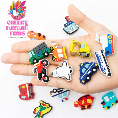 20Pcs Transport Shoe Chains Set Cartoon Rubber Accessories Motorcycles Bicycle Fire Truck Bus Decor for Clogs Bracelet Wristband - Cheeky Fantail Finds