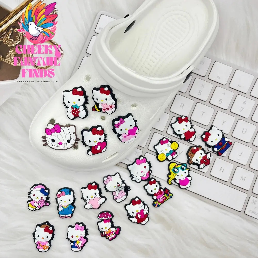 20pcs New Kitty Shoes Accessories Fit sandals Clog Backapck Wristbands Shoes decorate Christmas charm Parties Gift Cheeky Fantail Finds