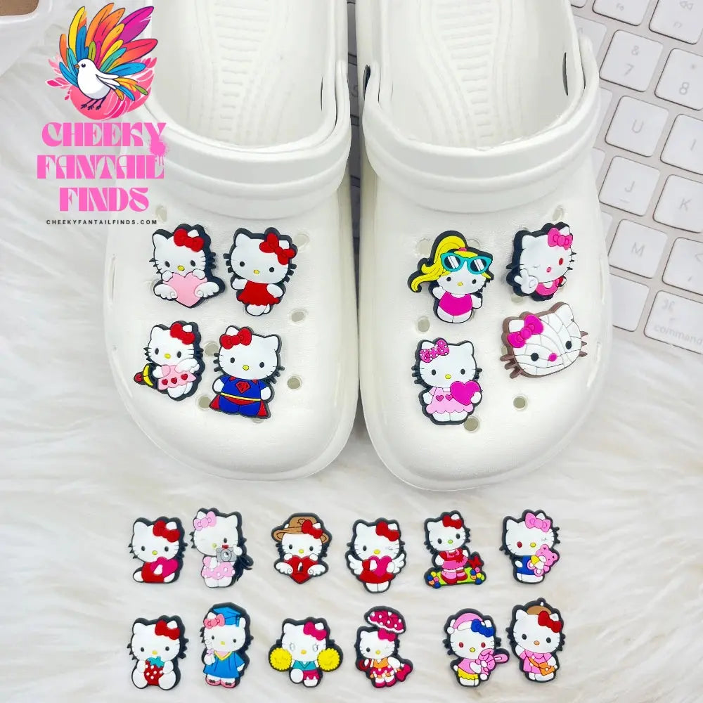 20pcs New Kitty Shoes Accessories Fit sandals Clog Backapck Wristbands Shoes decorate Christmas charm Parties Gift Cheeky Fantail Finds