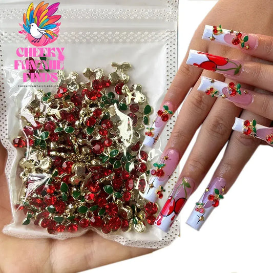 20pcs/bag 3D Cherry Nail Charms Red & Pink Cherry Nail Rhinestone Nail Gems Nail Glitter Stud Fruit Nail Slices for Nail Jewelry Cheeky Fantail Finds