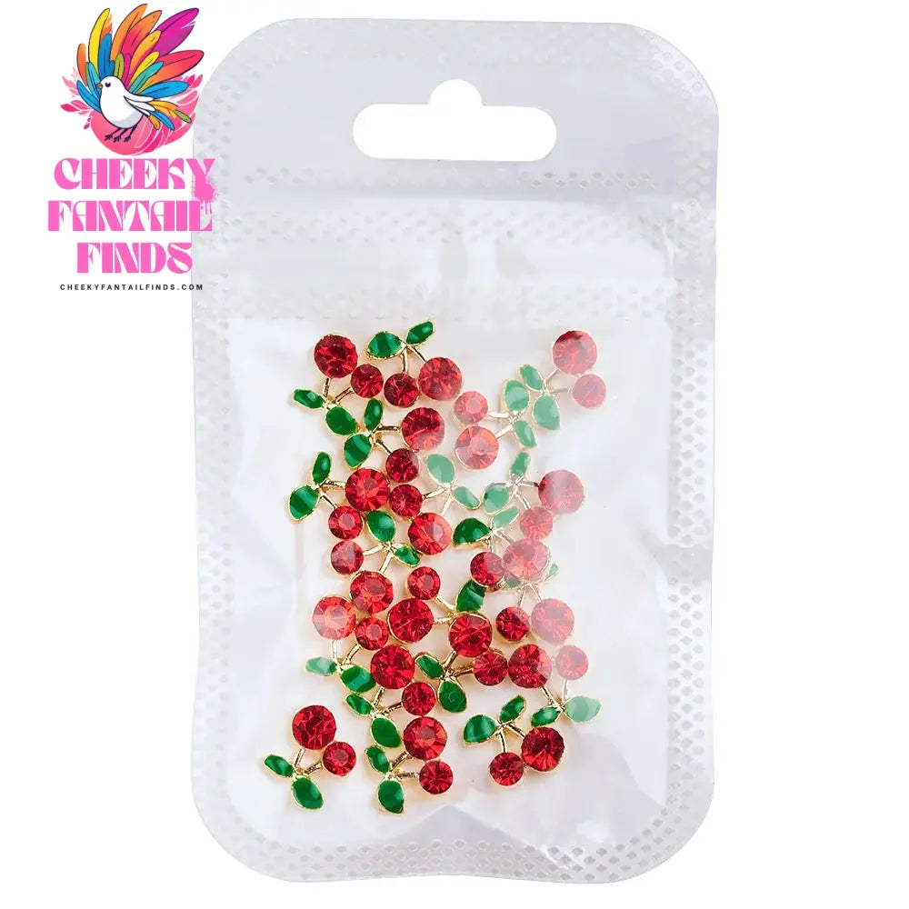 20pcs/bag 3D Cherry Nail Charms Red & Pink Cherry Nail Rhinestone Nail Gems Nail Glitter Stud Fruit Nail Slices for Nail Jewelry Cheeky Fantail Finds