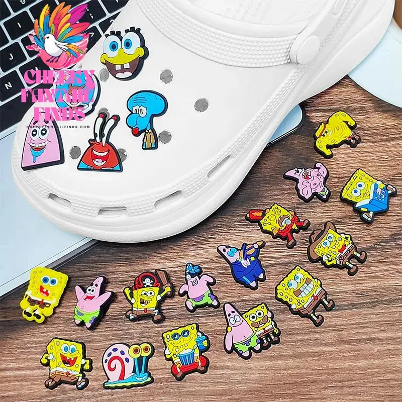 20pcs/set Anime SpongeBob SquarePants Cool model Shoes Charms Silicone Shoe Accessories Kids  Gifts Wristband Hole Slipper Decor Cheeky Fantail Finds
