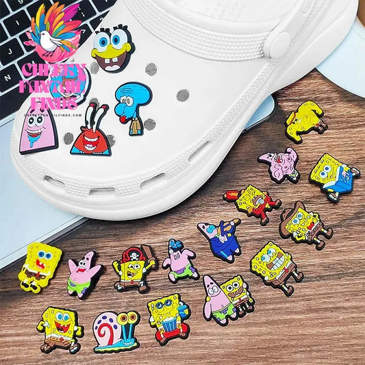 20pcs/set Anime SpongeBob SquarePants Cool model Shoes Charms Silicone Shoe Accessories Kids  Gifts Wristband Hole Slipper Decor Cheeky Fantail Finds
