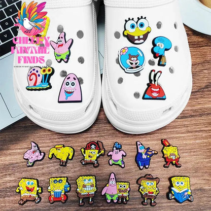20pcs/set Anime SpongeBob SquarePants Cool model Shoes Charms Silicone Shoe Accessories Kids  Gifts Wristband Hole Slipper Decor Cheeky Fantail Finds