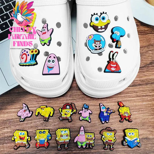 20pcs/set Anime SpongeBob SquarePants Cool model Shoes Charms Silicone Shoe Accessories Kids  Gifts Wristband Hole Slipper Decor Cheeky Fantail Finds