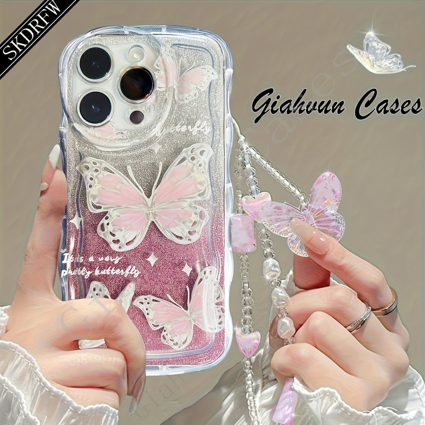 Laser Butterfly Artificial Pearl Crystal Anti-lost Bracelet Super Flash Dream Butterfly Phone Case For iPhone 14 13 12 11 Pro MAX Plus + Mini X/XS XR XSMax 7/8 7Plus/8Plus