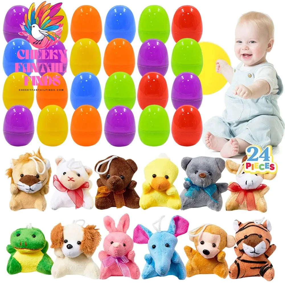 24 Pack Prefilled Easter Eggs Filled with Mini Plush Toy Easter Basket Stuffers for Kids Easter Egg Hunt Game and Party Favors Cheeky Fantail Finds