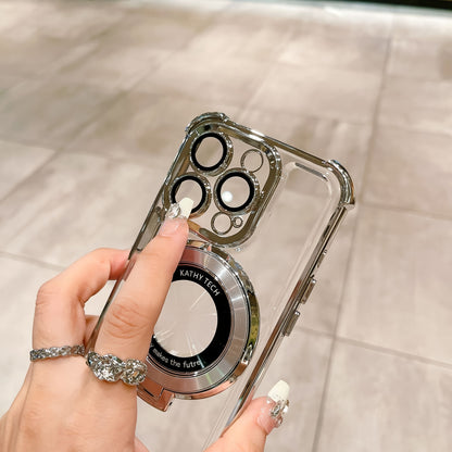 Luxury Electroplated Bracket Magnetic Suction Phone Case For IPhone 15 14Plus 13 12 11 15Pro Max Anti-drop Shell With HD Lens Film