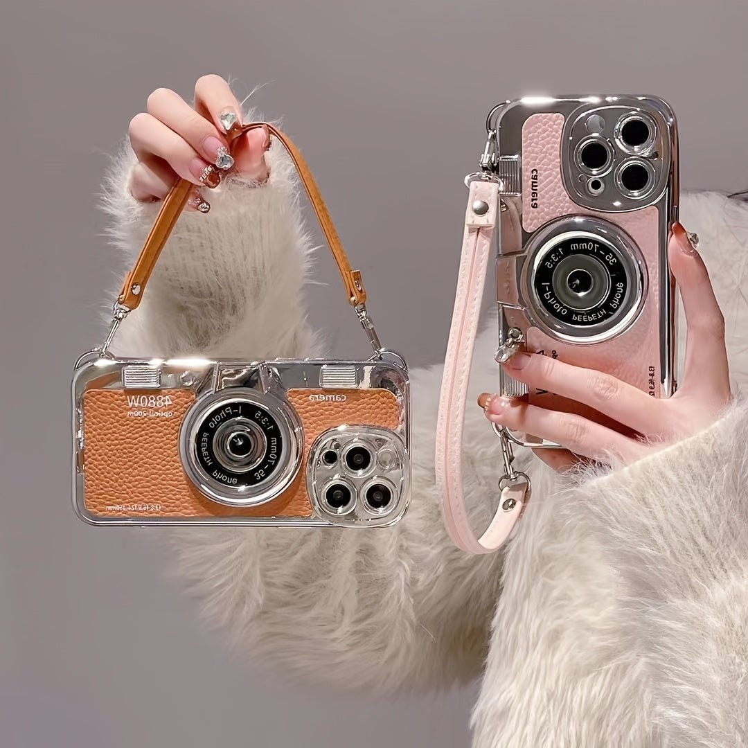 Vintage Camera Design Phone Case with PU Leather Strap for iPhone Models 11 through 14 - Stylish Protection & Convenience