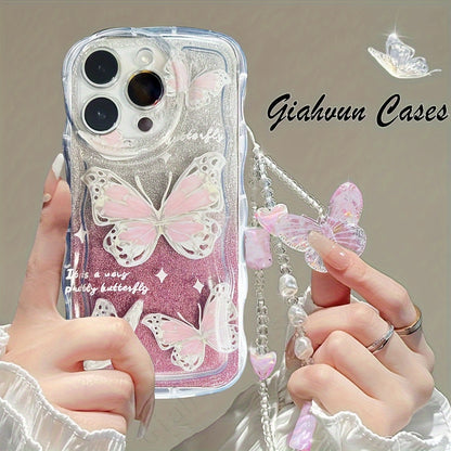 Laser Butterfly Artificial Pearl Crystal Anti-lost Bracelet Super Flash Dream Butterfly Phone Case For iPhone 14 13 12 11 Pro MAX Plus + Mini X/XS XR XSMax 7/8 7Plus/8Plus