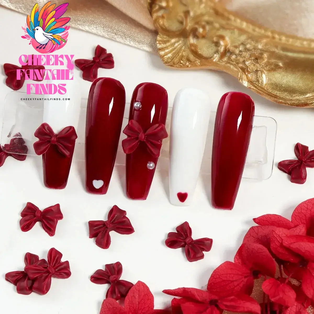 30Pcs Cherry Red Bow Nail Charms Valentine's Dark Red Tie Nail Parts Supplies for DIY Women's Nail Salon Design Decoration Cheeky Fantail Finds