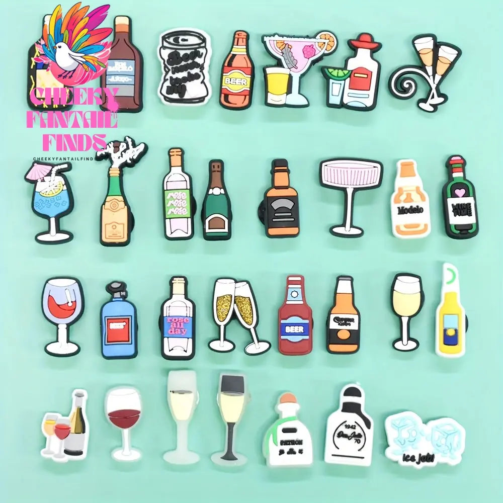 30pcs Beverage-Themed Shoe Charms Set - Durable Plastic Wine, Beer, Champagne, and Cocktail Patterns for Shoe Decoration - Versatile Party Accessories and Gifts Cheeky Fantail Finds