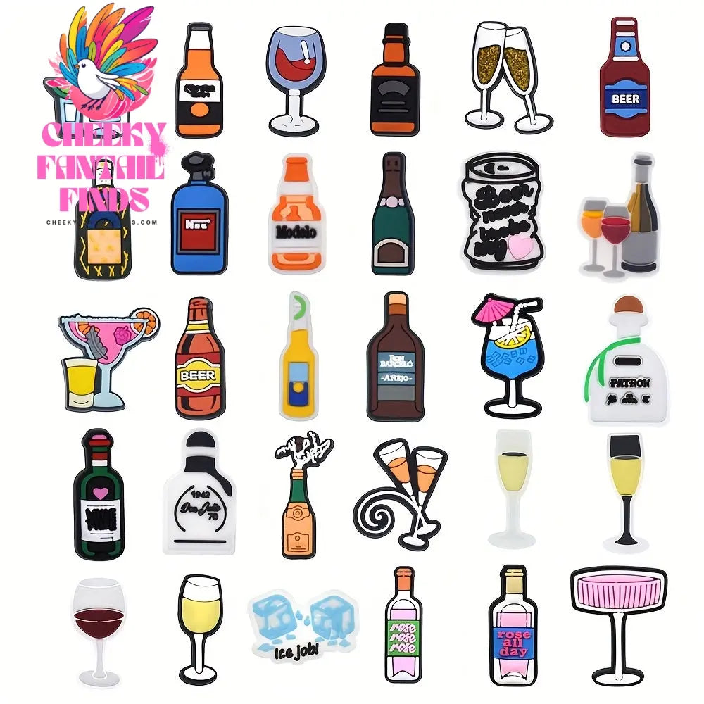 30pcs Beverage-Themed Shoe Charms Set - Durable Plastic Wine, Beer, Champagne, and Cocktail Patterns for Shoe Decoration - Versatile Party Accessories and Gifts Cheeky Fantail Finds