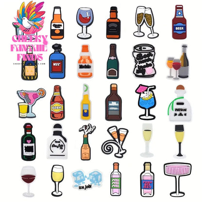 30pcs Beverage-Themed Shoe Charms Set - Durable Plastic Wine, Beer, Champagne, and Cocktail Patterns for Shoe Decoration - Versatile Party Accessories and Gifts Cheeky Fantail Finds