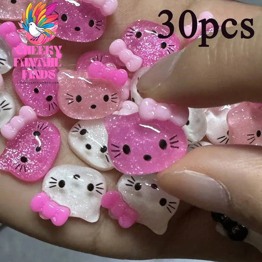 30pcs Mixed HelloKitty Nail Art Accessories Cute Sanrio Hello Kitty Cat Head Nail Charm DIY Resin 3D Press on Nail Jewelry Decor Cheeky Fantail Finds