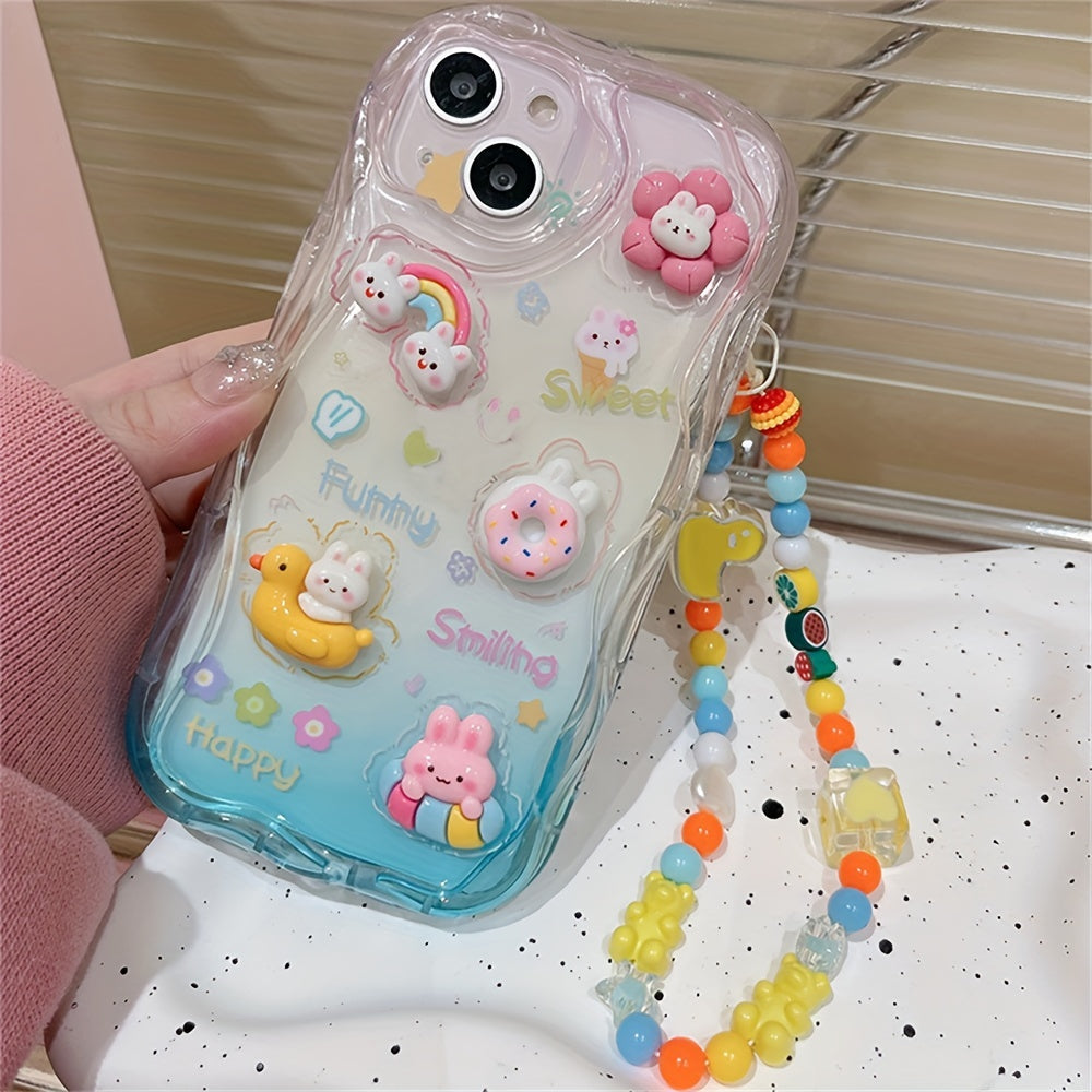 Vibrant Cartoon Phone Case - 3D Rabbit Flower Design, Transparent, Soft, Clear Candy Cover with Fruit, Duck, Love Heart, Star, Bear Chain Lanyard - Compatible with iPhone 14 Pro Max, 14 Plus, 12 Pro, 13, 11 XR