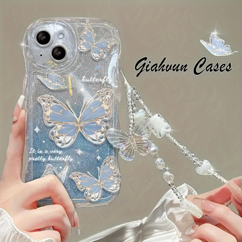 Laser Butterfly Artificial Pearl Crystal Anti-lost Bracelet Super Flash Dream Butterfly Phone Case For iPhone 14 13 12 11 Pro MAX Plus + Mini X/XS XR XSMax 7/8 7Plus/8Plus