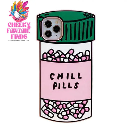 3D Cute Cartoon Chill Pills Case for iPhone 16 15 14 Pro Max 13 12 11 XS Max XR X 8 7Plus Medicine Bottle Soft Rubber Back Cover Cheeky Fantail Finds