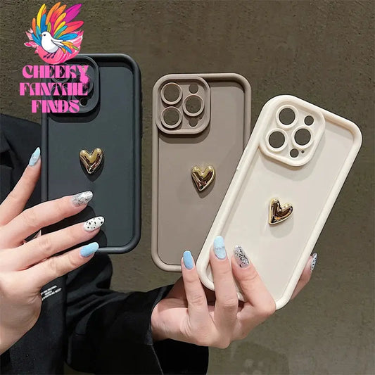3D Gold Heart Silicone Soft Phone Case For iPhone 15 14 13 12 11 16 Pro Max XS XR 7 8 Plus SE 2020 Shockproof Candy Matte Cover Cheeky Fantail Finds