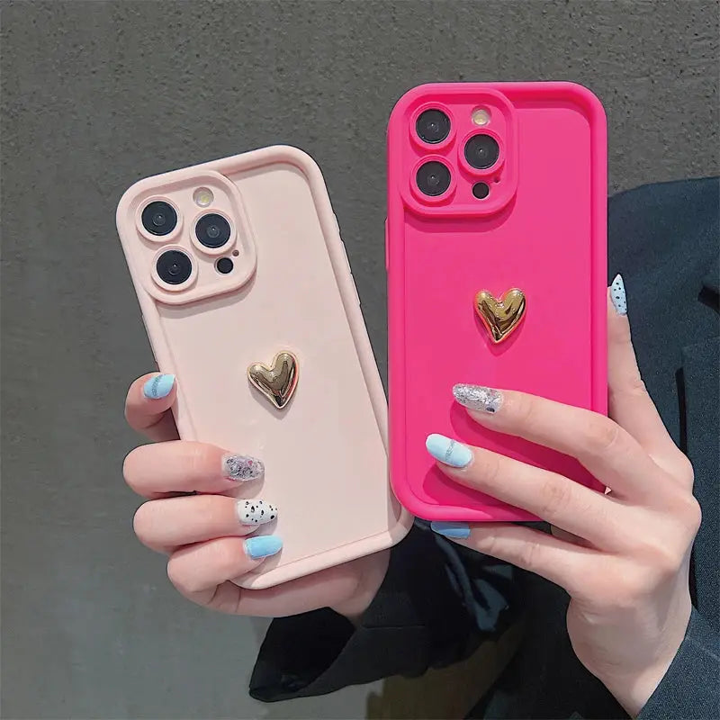 3D Gold Heart Silicone Soft Phone Case For iPhone 15 14 13 12 11 16 Pro Max XS XR 7 8 Plus SE 2020 Shockproof Candy Matte Cover Cheeky Fantail Finds