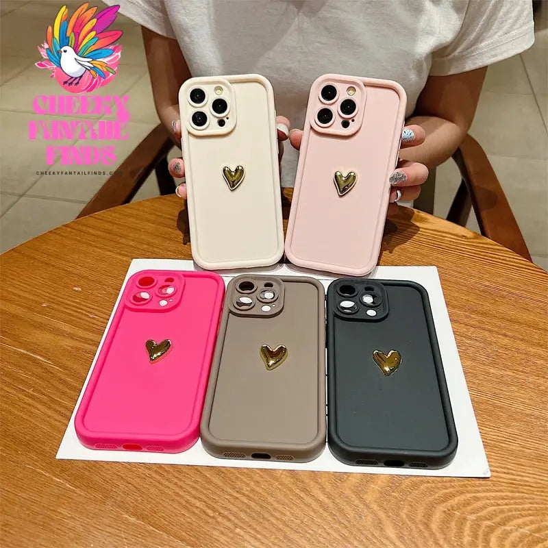 3D Gold Heart Silicone Soft Phone Case For iPhone 15 14 13 12 11 16 Pro Max XS XR 7 8 Plus SE 2020 Shockproof Candy Matte Cover Cheeky Fantail Finds