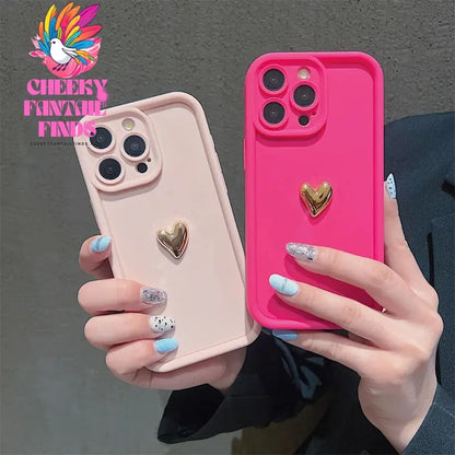 3D Gold Heart Silicone Soft Phone Case For iPhone 15 14 13 12 11 16 Pro Max XS XR 7 8 Plus SE 2020 Shockproof Candy Matte Cover Cheeky Fantail Finds