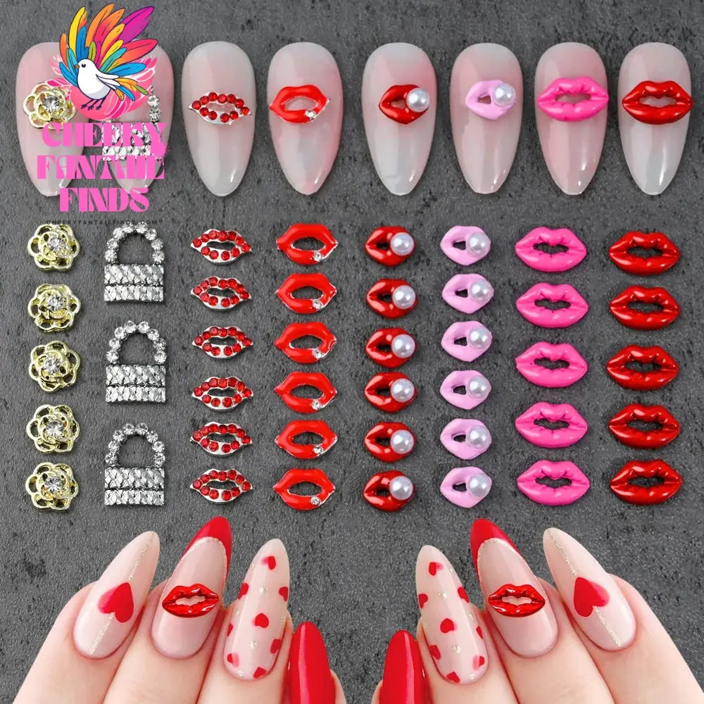 3D Pink/Red Lips Love Valentine Nail Charms Sweet Lover Heart Alloy Design Jewelry Nails Art Manicure Decoration Accessories Cheeky Fantail Finds