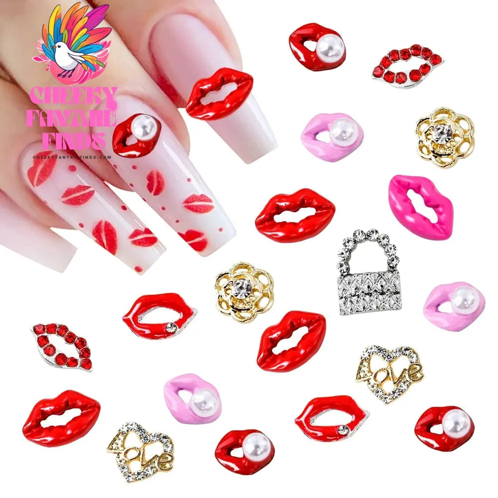 3D Pink/Red Lips Love Valentine Nail Charms Sweet Lover Heart Alloy Design Jewelry Nails Art Manicure Decoration Accessories Cheeky Fantail Finds