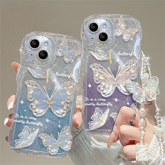 Butterfly Soft Phone Case for iPhone 14 Pro Max, 12 Pro, 13, 11 - Luxury, Romantic Wave Glitter, Clear Cover with Chain Lanyard