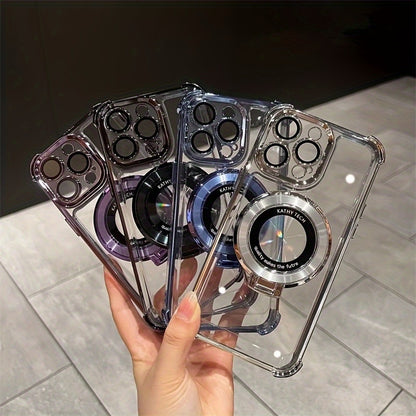 Luxury Electroplated Bracket Magnetic Suction Phone Case For IPhone 15 14Plus 13 12 11 15Pro Max Anti-drop Shell With HD Lens Film