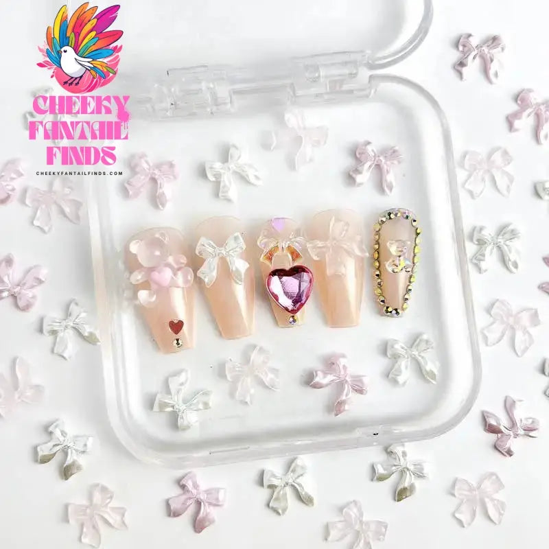 50pcs 3D Sweet Pearly Glossy Ribbon Bow Resin Nail Charms Ballerina Bow Tie Nail Art Decoration Nail Accessories Manicure DIY Cheeky Fantail Finds