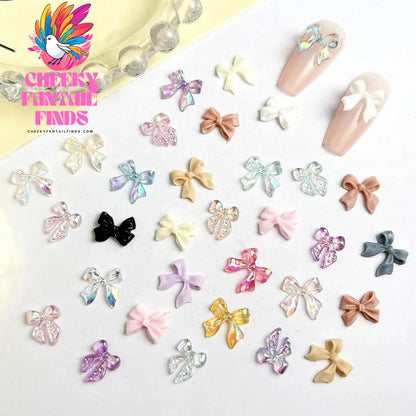 50pcs 3D Sweet Pearly Glossy Ribbon Bow Resin Nail Charms Ballerina Bow Tie Nail Art Decoration Nail Accessories Manicure DIY Cheeky Fantail Finds