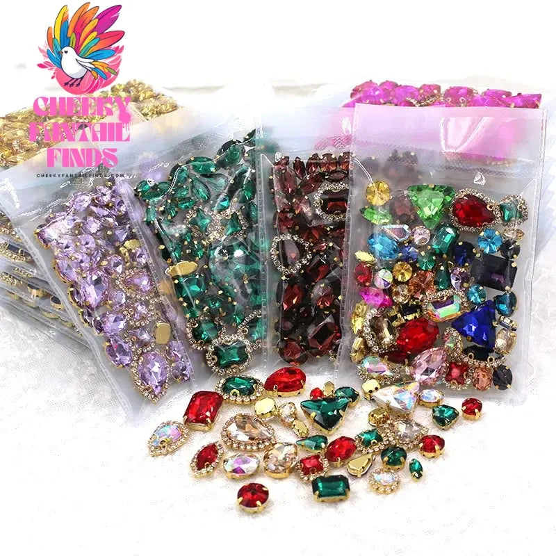 50pcs/Bag Shiny 24 Color Mixed Shape Sew on Glass Rhinestone Gold Claw Crystal Buckle Diy Wedding Decoration Clothes/Shoe/Dress Cheeky Fantail Finds