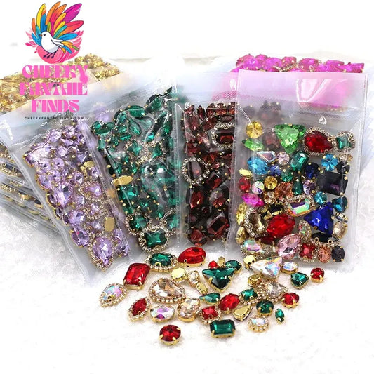 50pcs/Bag Shiny 24 Color Mixed Shape Sew on Glass Rhinestone Gold Claw Crystal Buckle Diy Wedding Decoration Clothes/Shoe/Dress Cheeky Fantail Finds