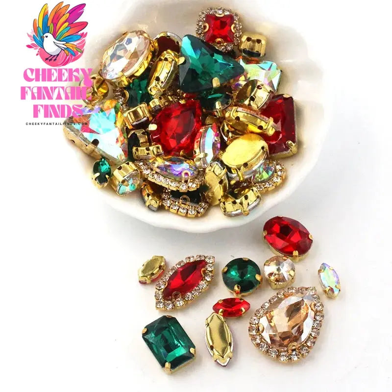 50pcs/Bag Shiny 24 Color Mixed Shape Sew on Glass Rhinestone Gold Claw Crystal Buckle Diy Wedding Decoration Clothes/Shoe/Dress Cheeky Fantail Finds