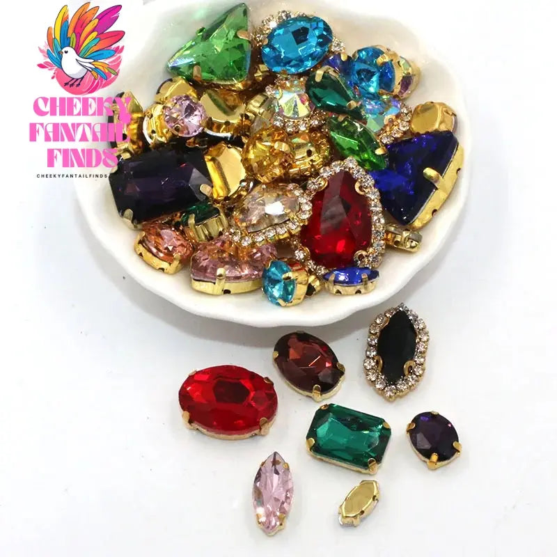 50pcs/Bag Shiny 24 Color Mixed Shape Sew on Glass Rhinestone Gold Claw Crystal Buckle Diy Wedding Decoration Clothes/Shoe/Dress Cheeky Fantail Finds